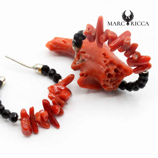 Boucles Argent Créole Ouverte Corail Cupolino & Cristaux Noirs