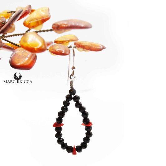 Boucles Argent Corail & Cristal Noir Goutte