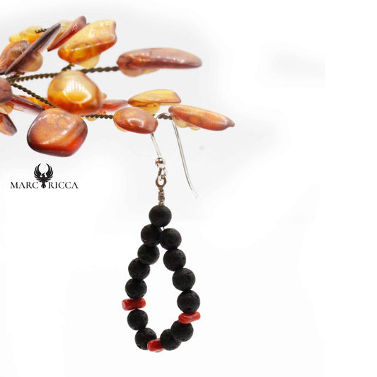 Boucles Argent Corail & Pierre de Lave Goutte