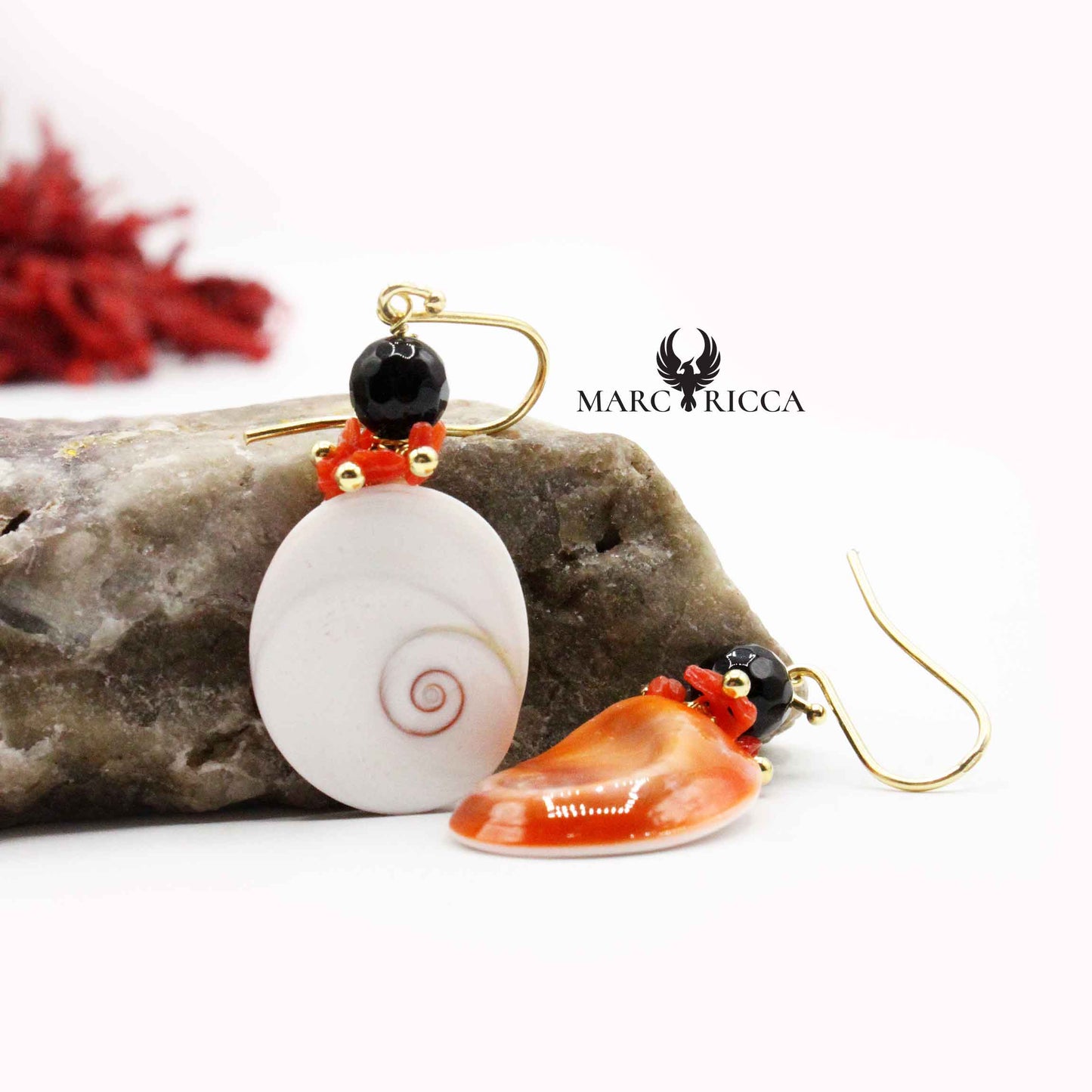 Boucles Argent Œil de St-Lucie, Corail & onyx