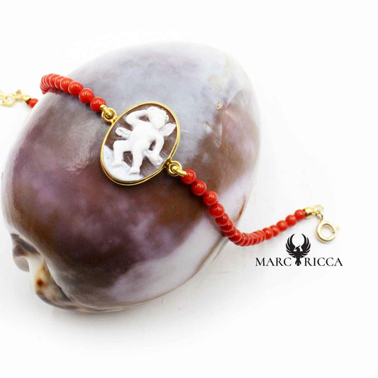 Bracelet Argent Perles de Corail Rouge et Camée Vermeil