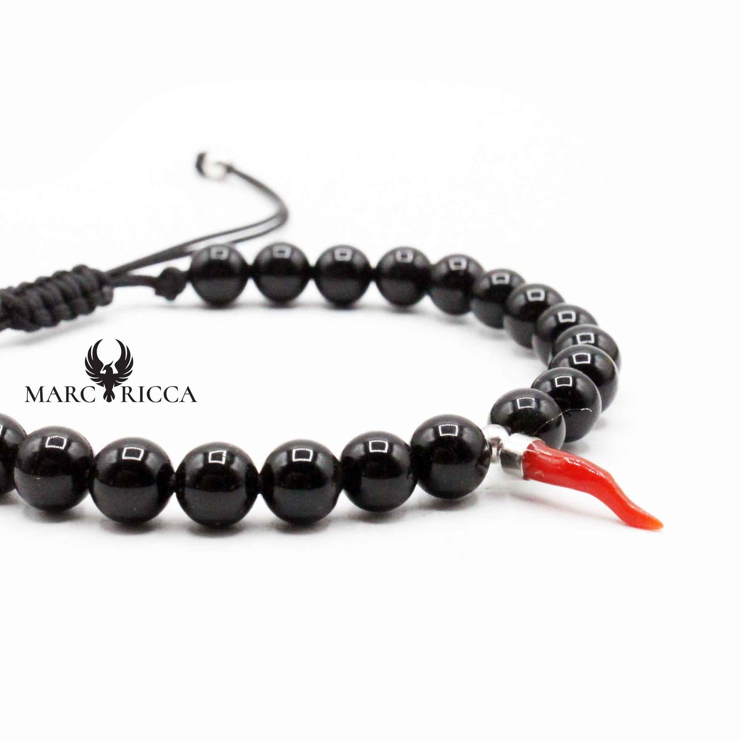 Bracelet Argent Cordon Onyx et Corne de Corail Rouge