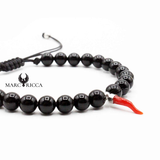 Bracelet Argent Cordon Onyx et Corne de Corail Rouge