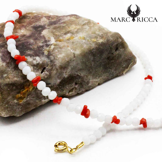 Collier Argent Cristal Blanc et Corail