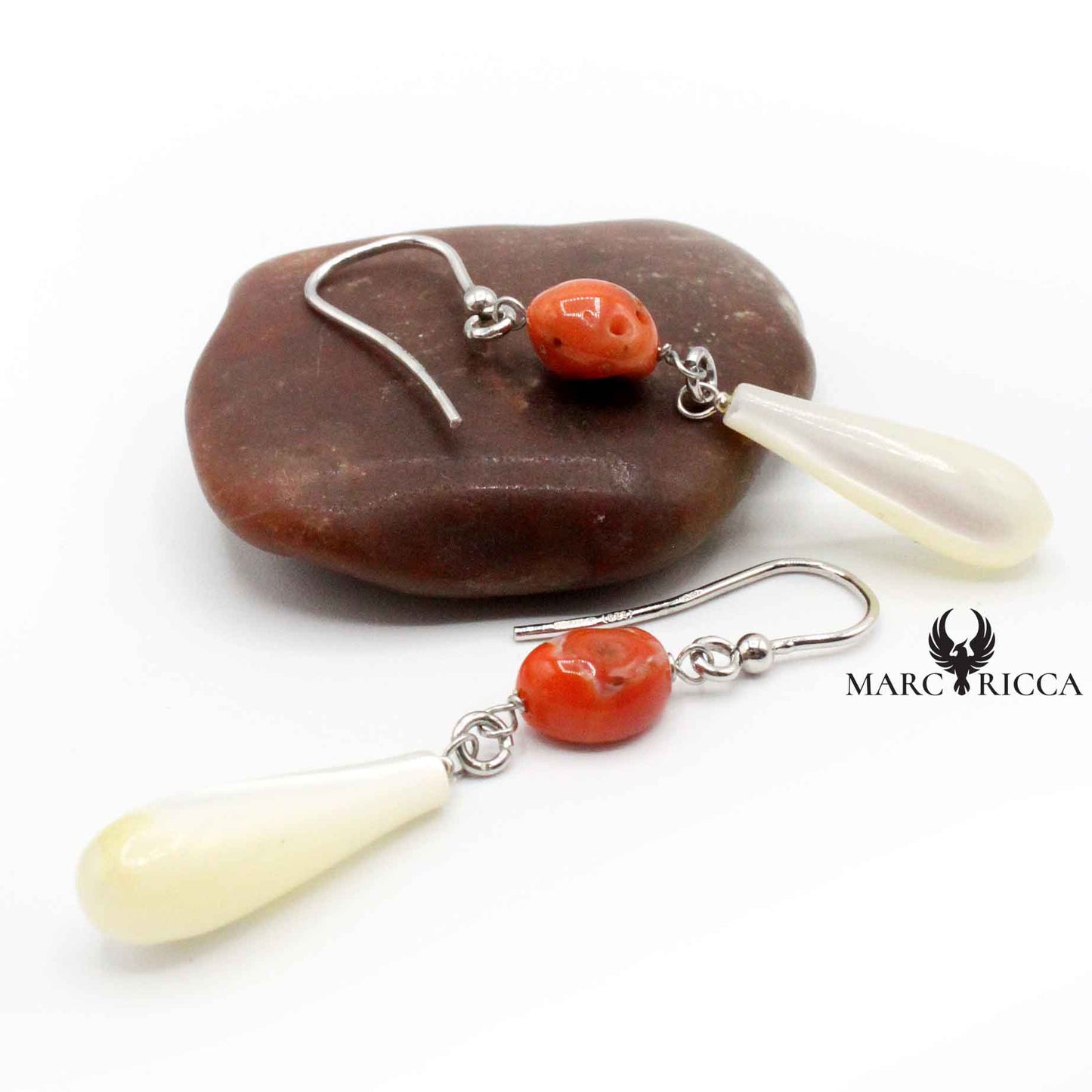 Boucles Argent Goutte Nacre et Corail Rouge
