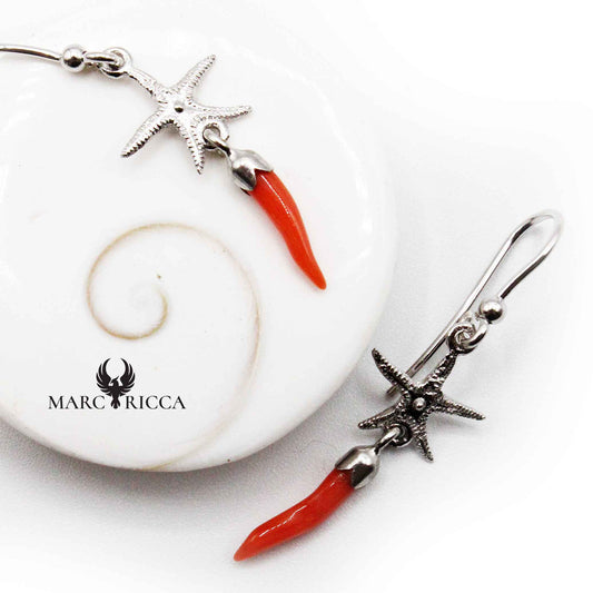 Boucles Argent Corne Corail Rouge & Étoile