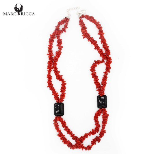 Collier Argent Corail Rouge et Onyx Rectangle