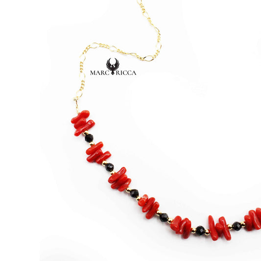 Collier Vermeil Corail Rouge & Cristal noir