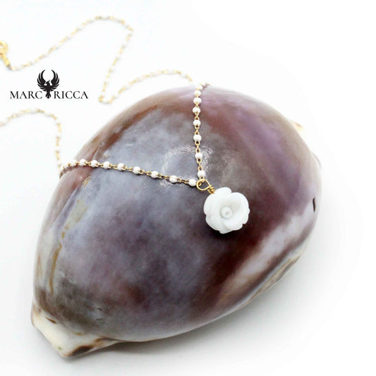 Collier Argent Rose en Corail Blanc Vermeil