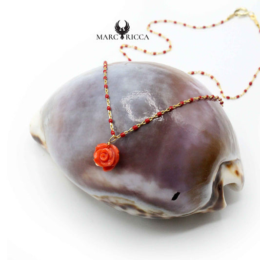 Collier Argent Rose en Corail Rouge Vermeil