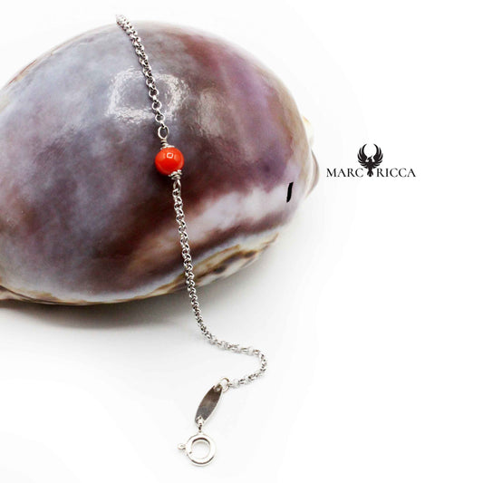 Bracelet Argent Chainette et Corail Rouge