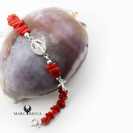 Bracelet Argent Corail Rouge, Croix et Miraculeuse