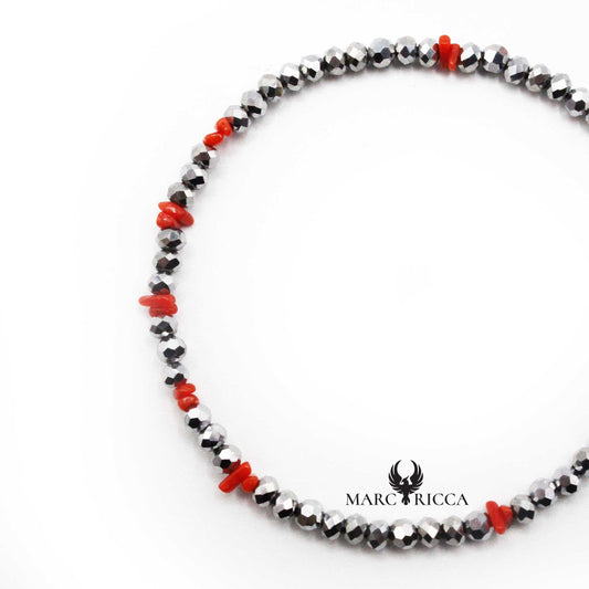 Bracelet Argent Corail Rouge et Cristaux Gris