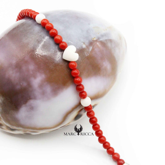 Bracelet Argent Perles de Corail Rouge et Cœur Blanc