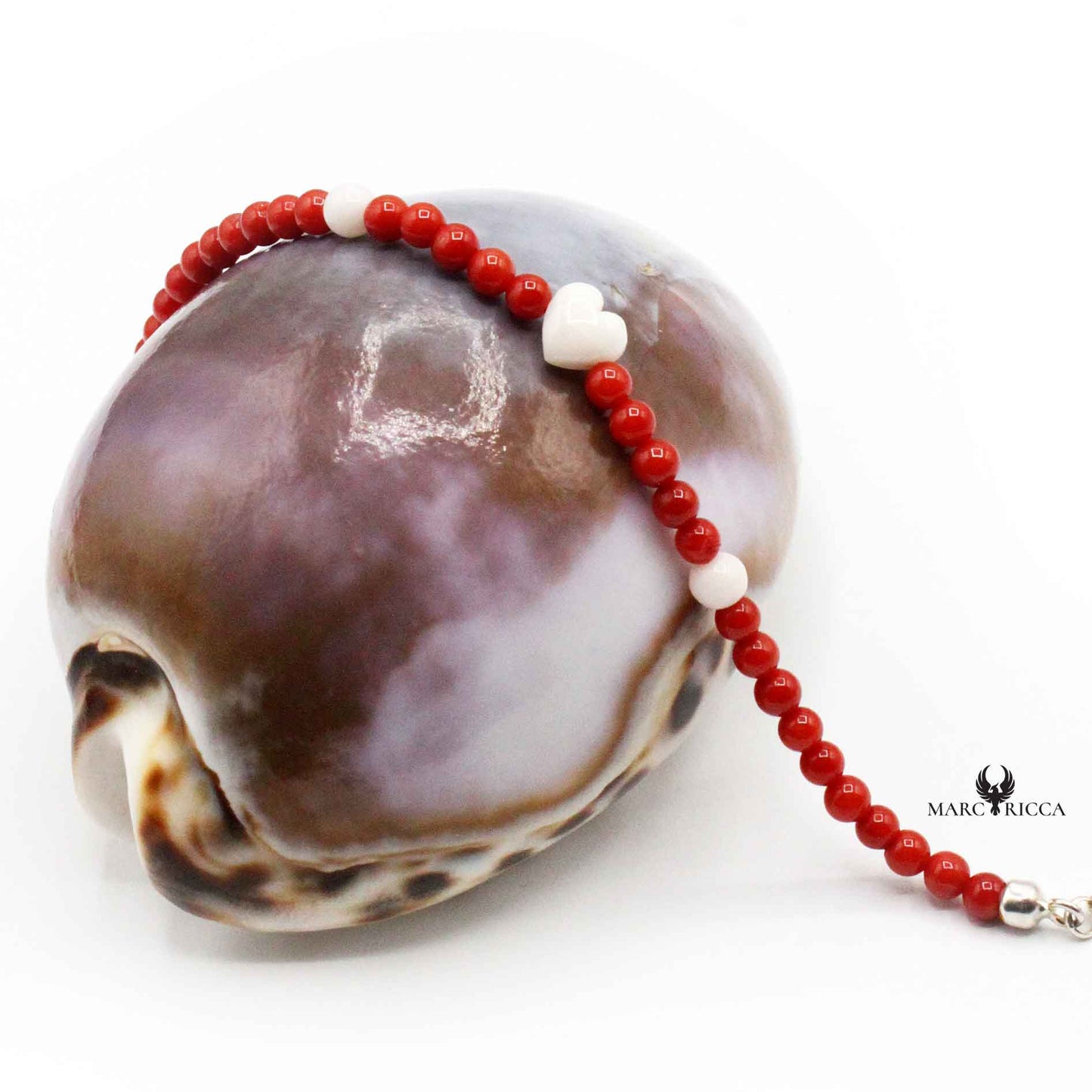 Bracelet Perles de Corail Rouge et Cœur Blanc