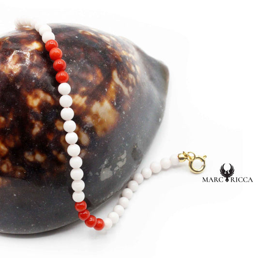 Bracelet Argent Perles de Corail Rouge et Blanc Vermeil
