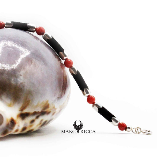 Bracelet Argent tubes et Corail Rouge Feutrine