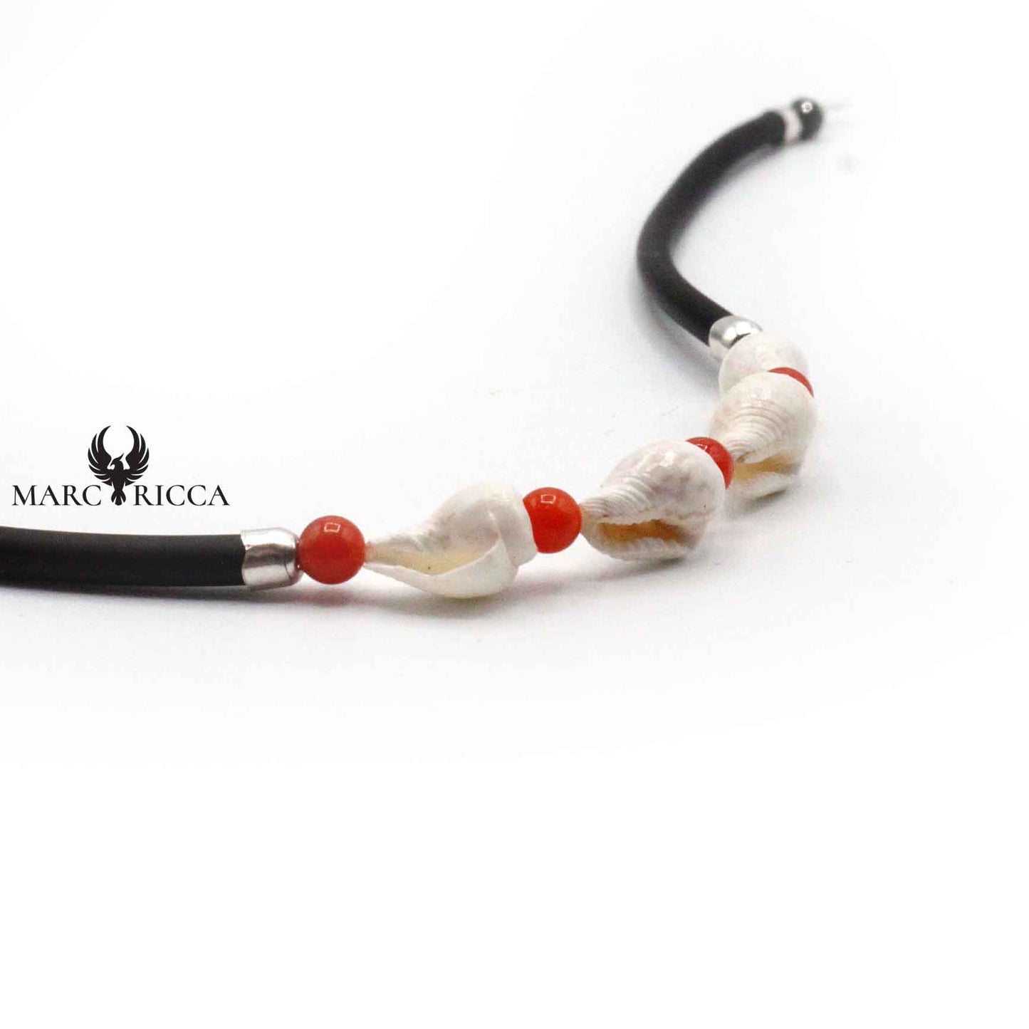 Bracelet Argent Caoutchouc Coquillages et Corail Rouge