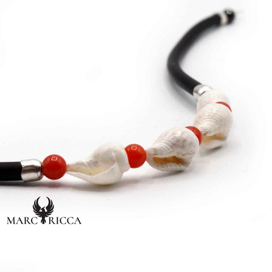 Bracelet Argent Caoutchouc Coquillages et Corail Rouge