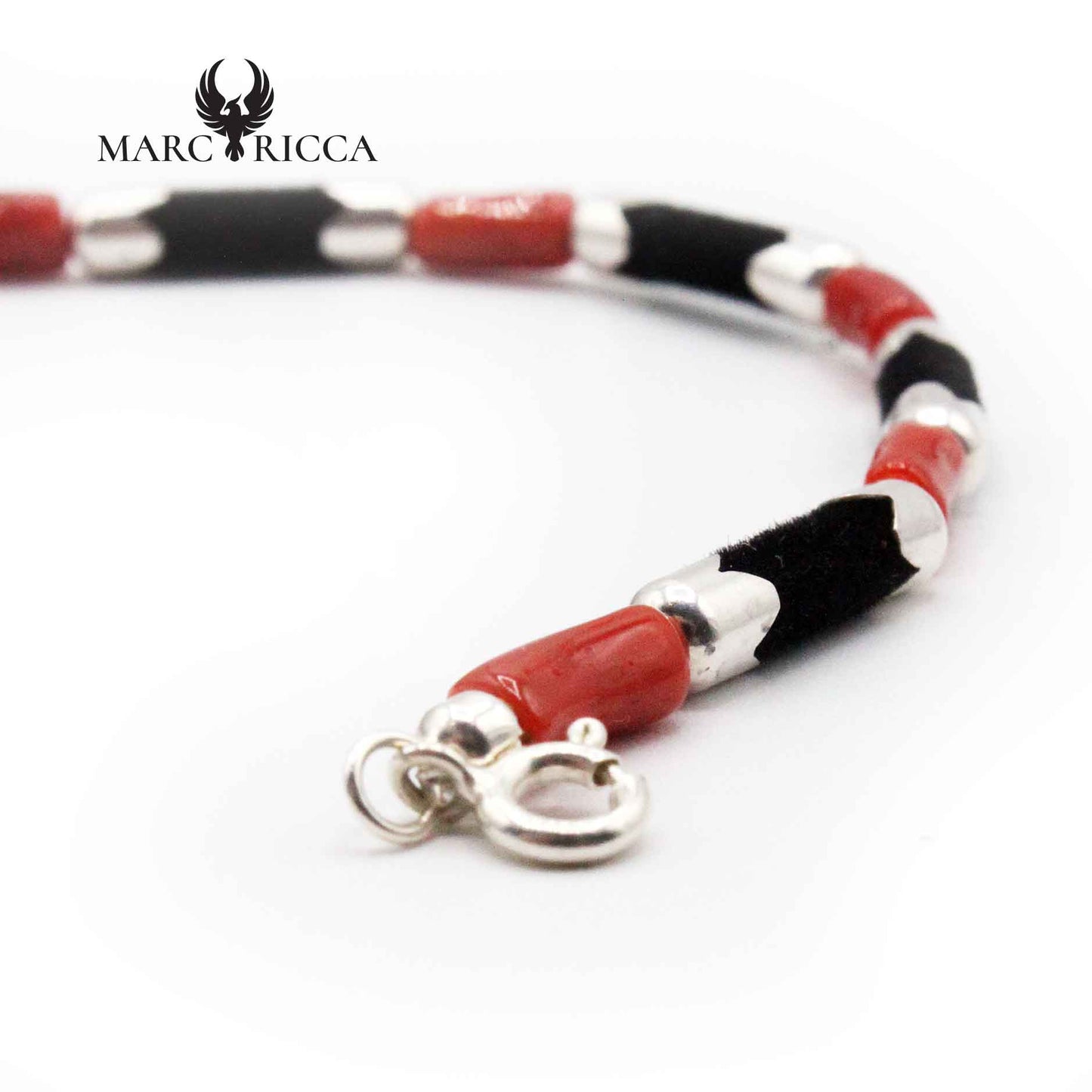 Bracelet Argent Tubes et Corail Rouge Feutrine