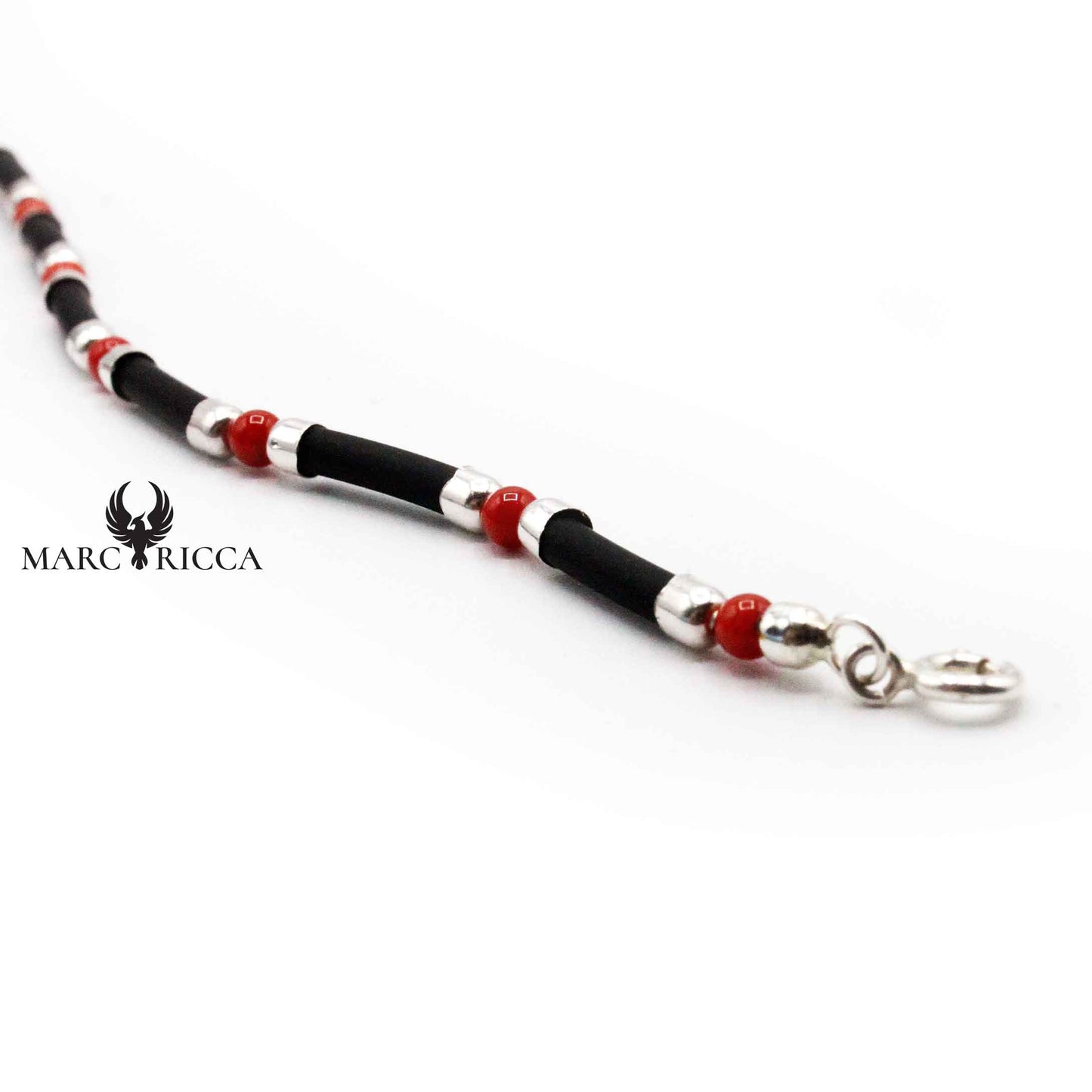 Bracelet Argent Perles de Corail Rouge Caoutchouc