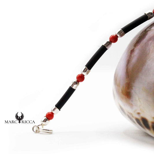 Bracelet Argent Perles de Corail Rouge Caoutchouc