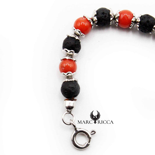 Bracelet Argent Corail Rouge et Pierres de Lave
