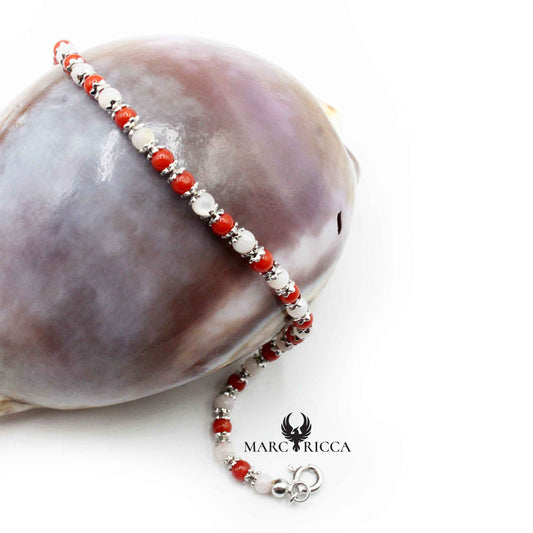 Bracelet Argent Perles (3mm) Corail Rouge et Nacre