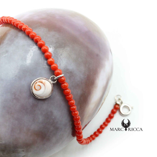 Bracelet Argent Perles (3mm) Corail Rouge, oeil