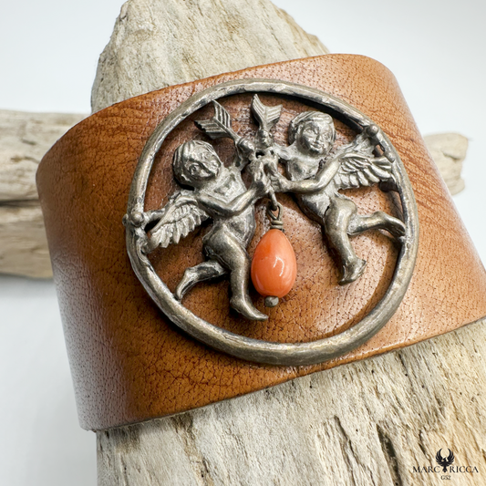 Bracelet Cuir Argent & Corail / Produit unique