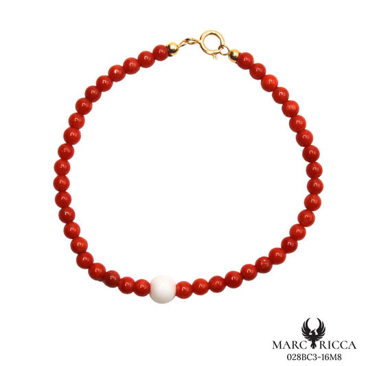 Bracelet Or Corail Perle Rouge et Blanche