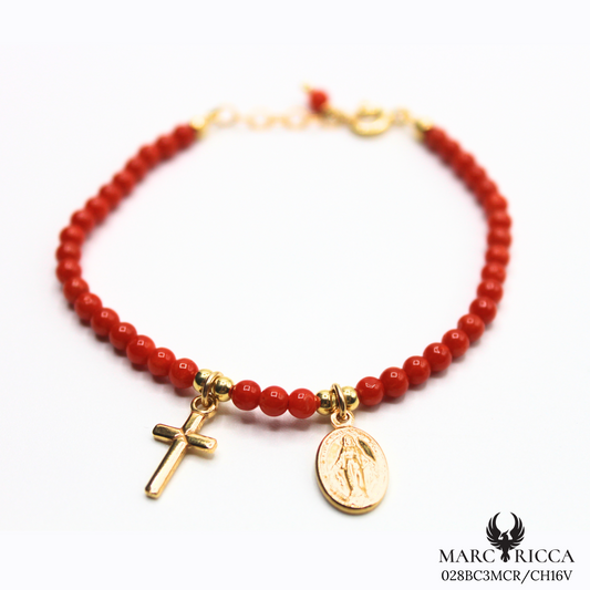 Bracelet Vermeil Corail Perle & Charms Croix & Madone