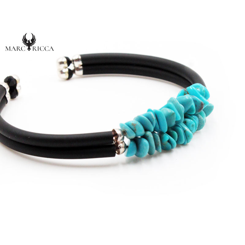 Bracelet Argent Caoutchouc 2 Rangs Turquoise