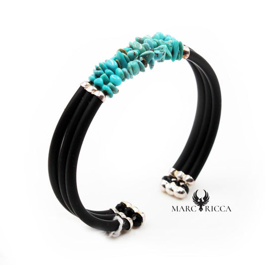 Bracelet Argent Caoutchouc 3 Rangs Turquoise